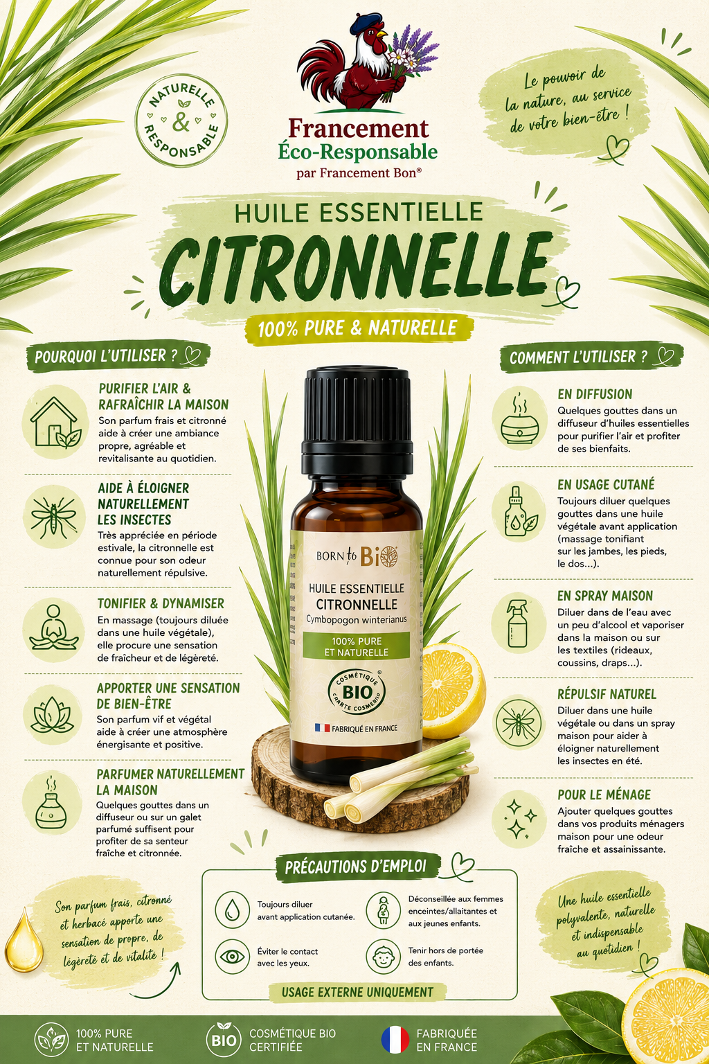 Huile essentielle de Citronnelle - Certifiée Bio - 10mL